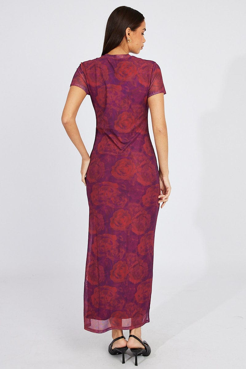 Red Floral Maxi Dress Short Sleeve Crew Neck Bodycon Mesh | Ally Fashion Red Floral Maxi Dress Short Sleeve Crew Neck Bodycon Mesh | Ally Fashion