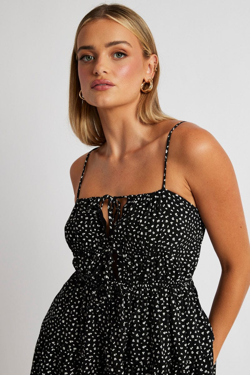 Black Ditsy Fit And Flare Dress Strappy for Ally Fashion