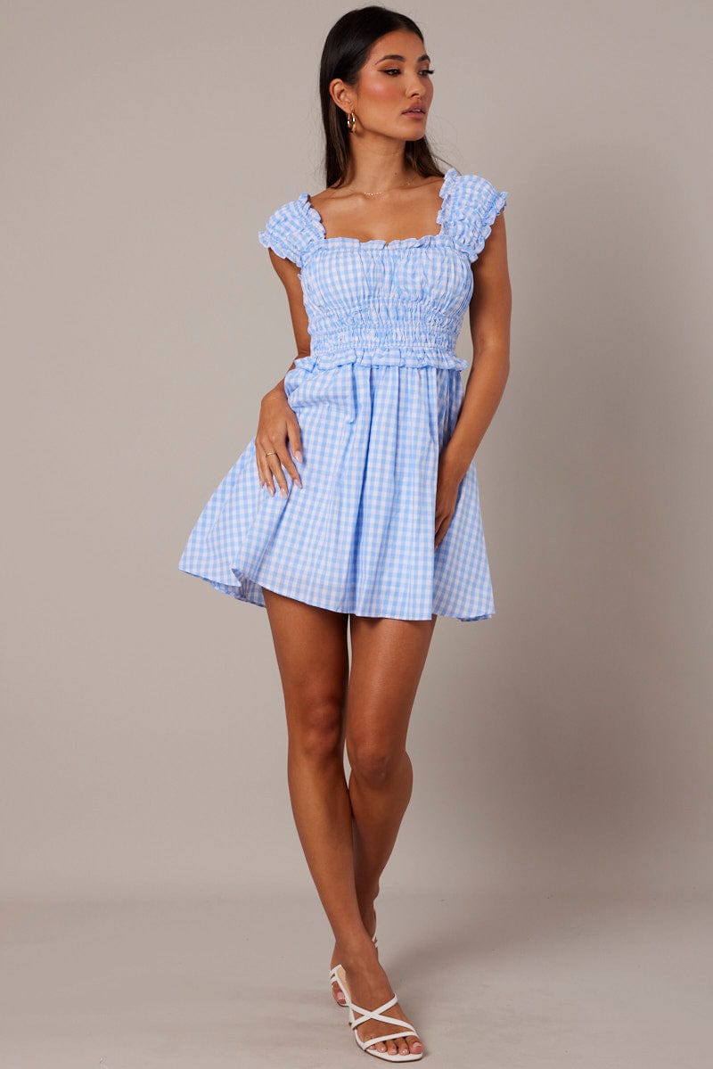 Blue Check Fit And Flare Dress Sleeveless for Ally Fashion