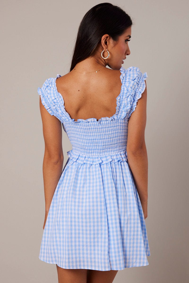 Blue Check Fit And Flare Dress Sleeveless for Ally Fashion