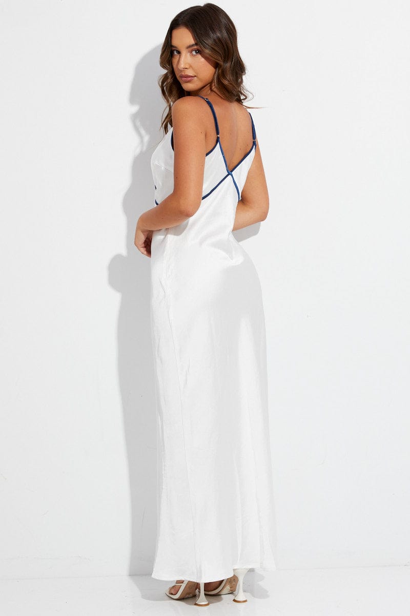 White Maxi Dress V Neck Contrast Binding Details Satin for Ally Fashion