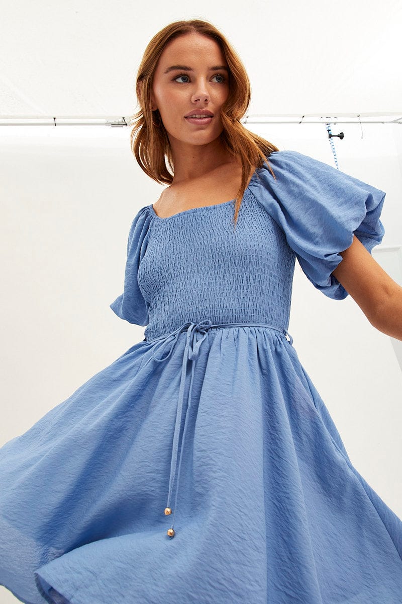 Blue Skater Dress Short Sleeve Round Neck Shirring for Ally Fashion