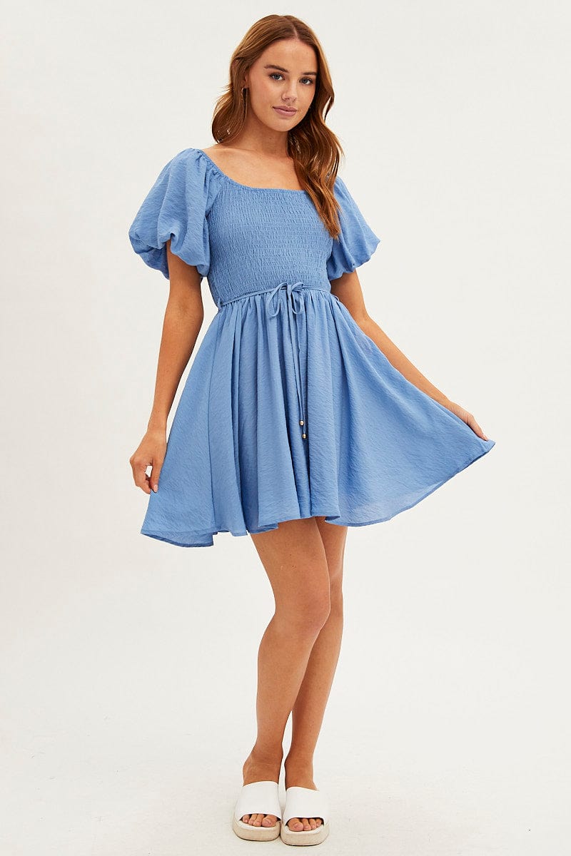 Blue Skater Dress Short Sleeve Round Neck Shirring for Ally Fashion