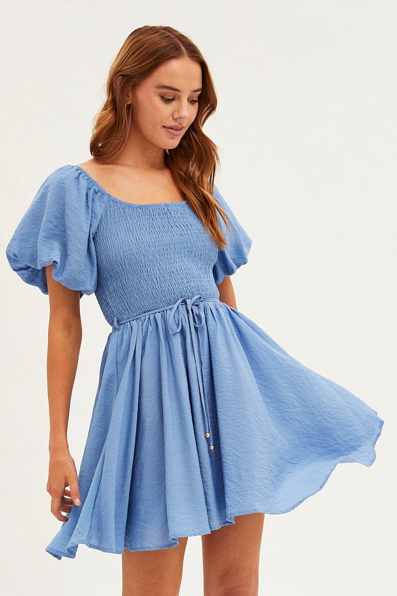 Blue Skater Dress Short Sleeve Round Neck Shirring for Ally Fashion