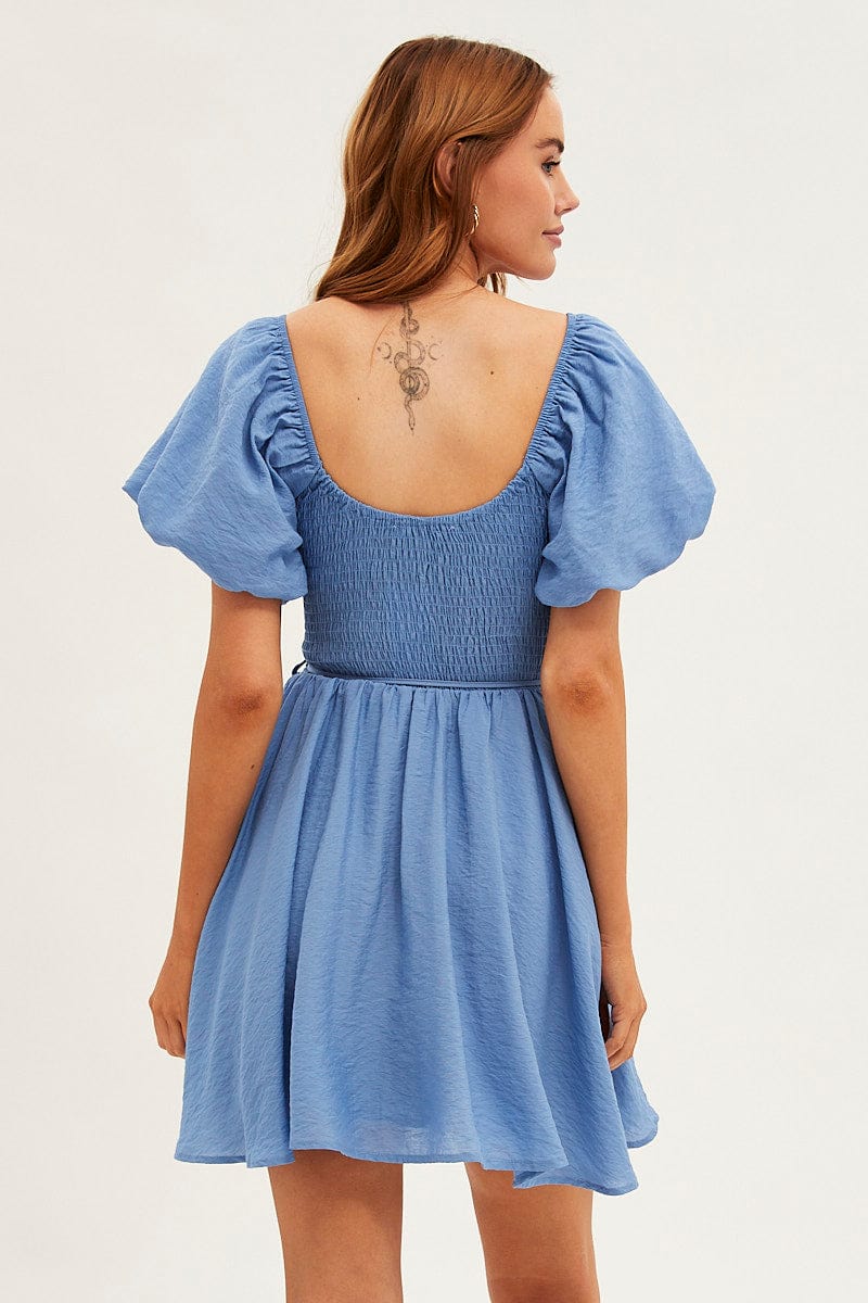 Blue Skater Dress Short Sleeve Round Neck Shirring for Ally Fashion