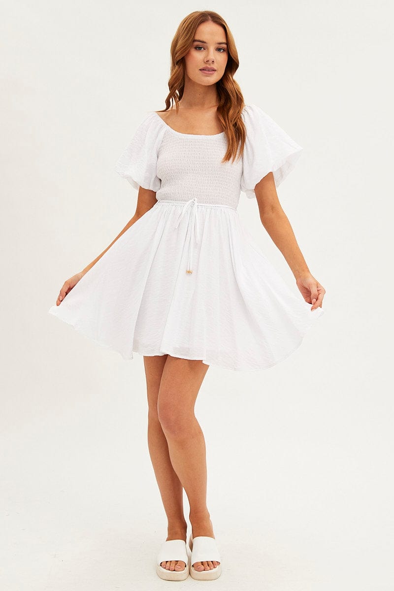 White Skater Dress Short Sleeve Round Neck Shirring for Ally Fashion