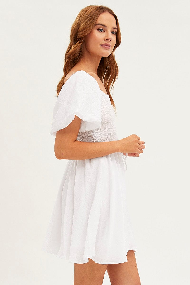 White Skater Dress Short Sleeve Round Neck Shirring for Ally Fashion