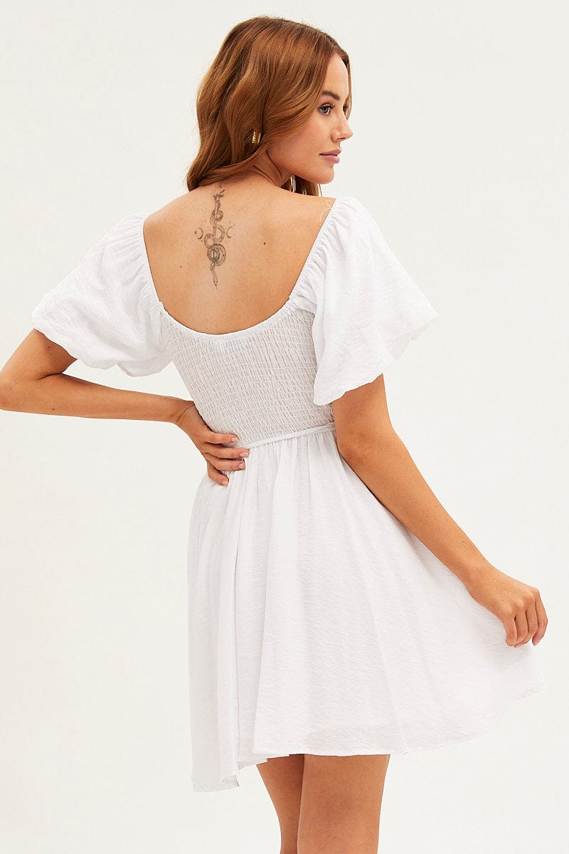 White Skater Dress Short Sleeve Round Neck Shirring for Ally Fashion