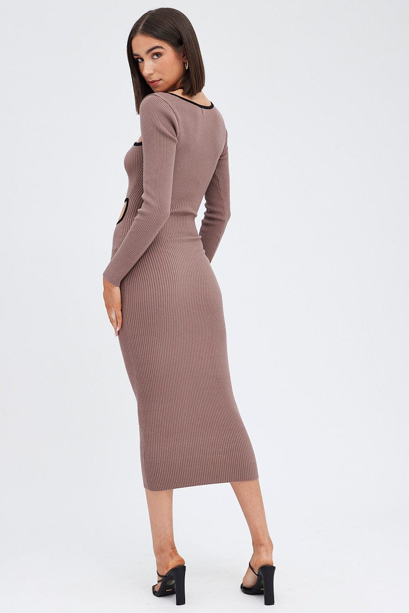 Brown Knit Dress Midi Long Sleeve Cut Out for Ally Fashion