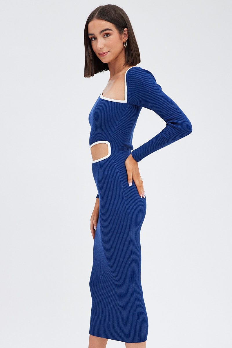 Blue Knit Dress Midi Long Sleeve Cut Out | Ally Fashion Blue Knit Dress Midi Long Sleeve Cut Out | Ally Fashion