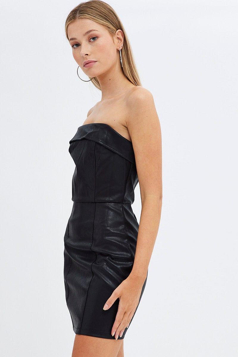 Black Dress Boob Tube Bodycon Faux Leather | Ally Fashion Black Dress Boob Tube Bodycon Faux Leather | Ally Fashion