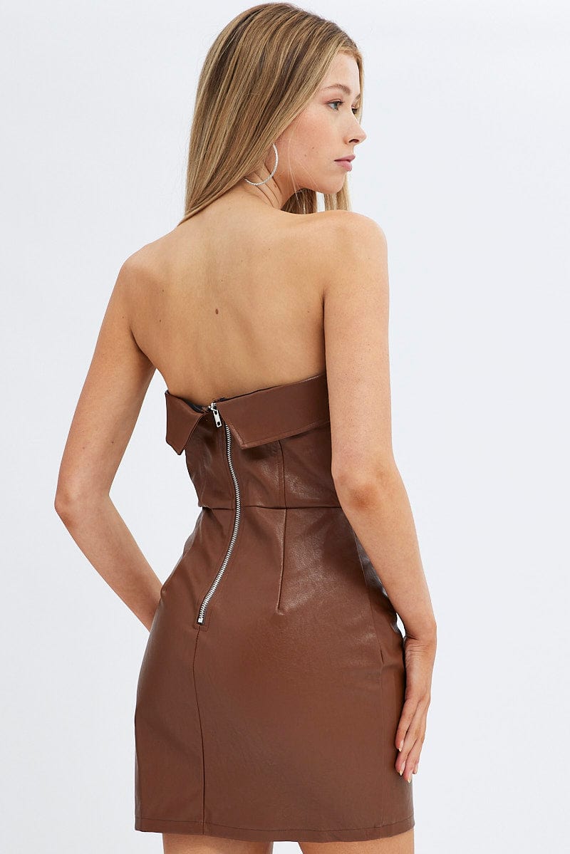 Minx Mini Dress - Faux Leather Halter Dress in Tan