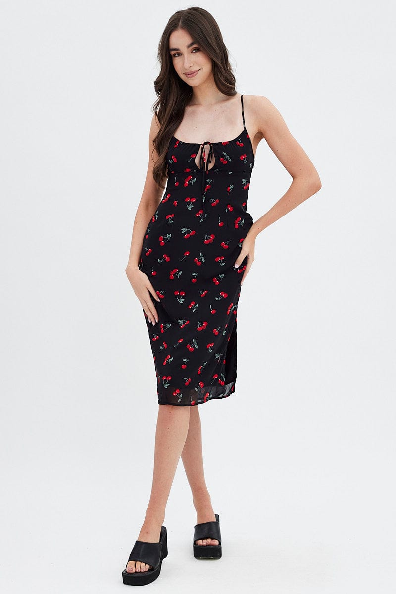 Red Floral Midi Dress Grunge Floral Print for Ally Fashion