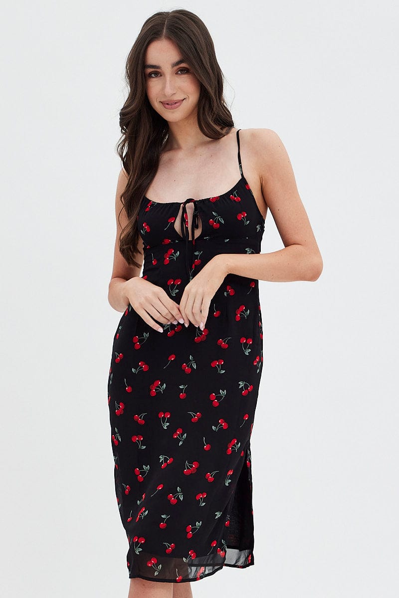 Red Floral Midi Dress Grunge Floral Print for Ally Fashion