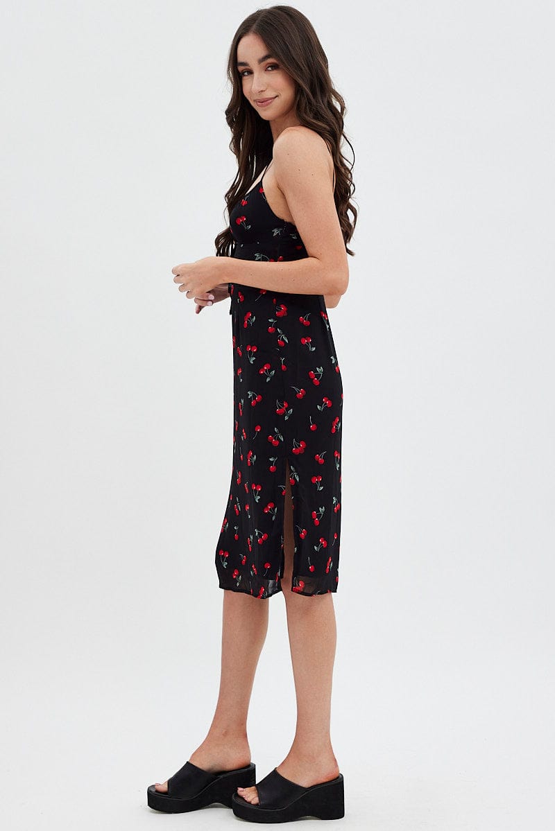 Red Floral Midi Dress Grunge Floral Print for Ally Fashion