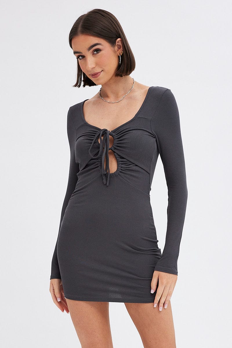 Grey Dress Long Sleeve Cut Out Details Bodycon Rib | Ally Fashion Grey Dress Long Sleeve Cut Out Details Bodycon Rib | Ally Fashion