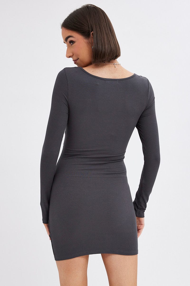 Grey Dress Long Sleeve Cut Out Details Bodycon Rib for Ally Fashion