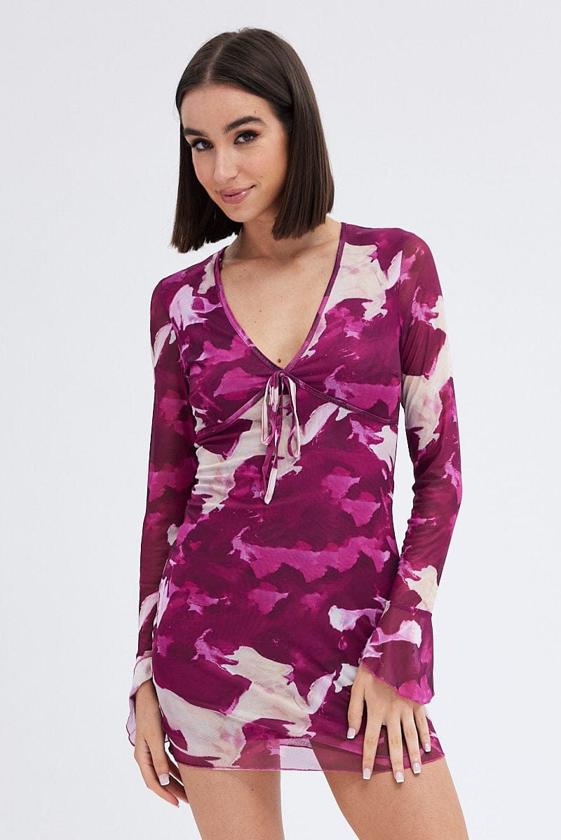 Pink Abstract Mesh Dress Long Sleeve Mini for Ally Fashion