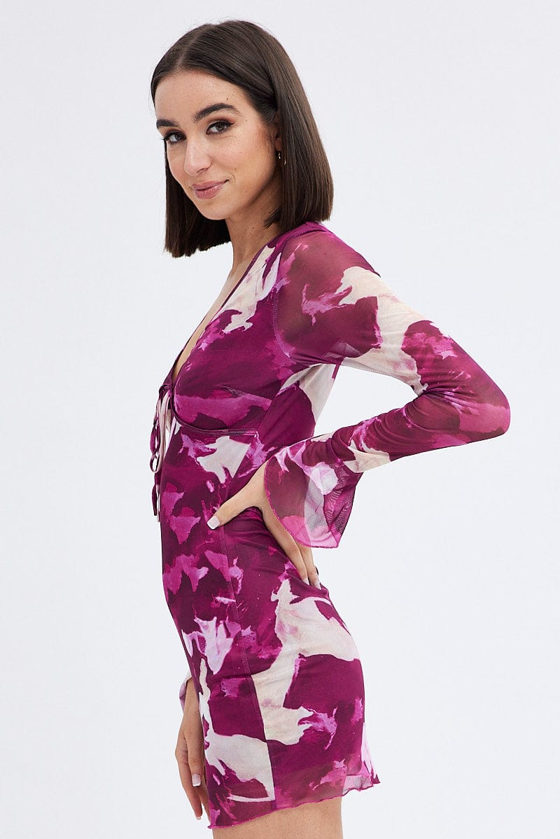 Pink Abstract Mesh Dress Long Sleeve Mini for Ally Fashion