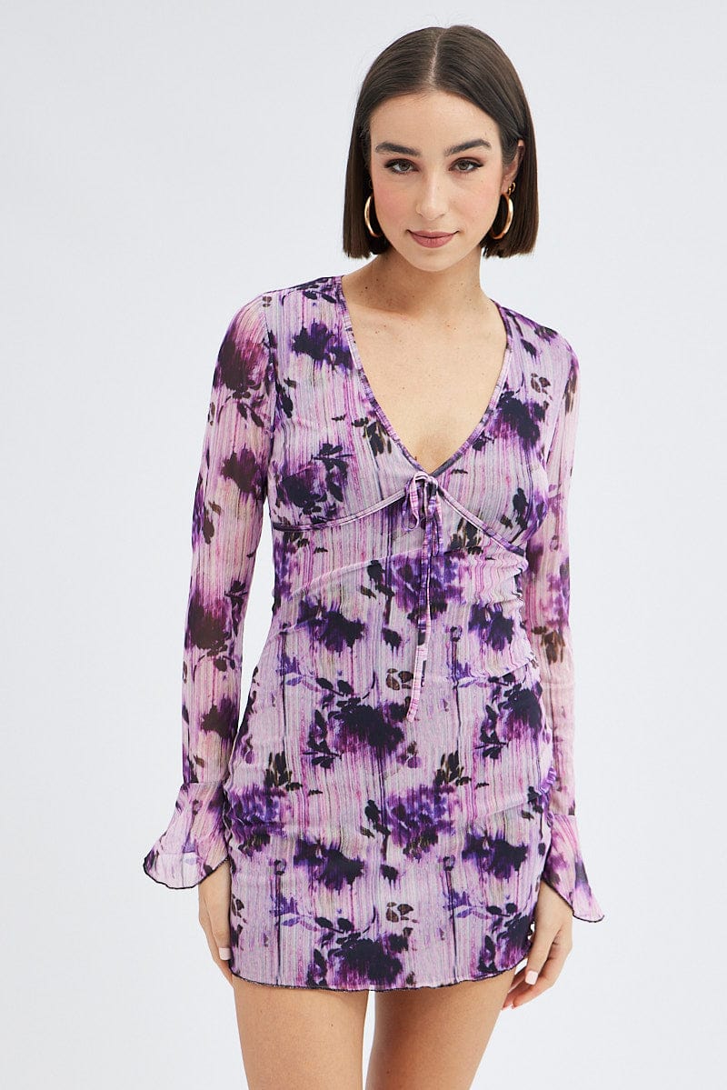 Purple Floral Mesh Dress Long Sleeve Mini for Ally Fashion