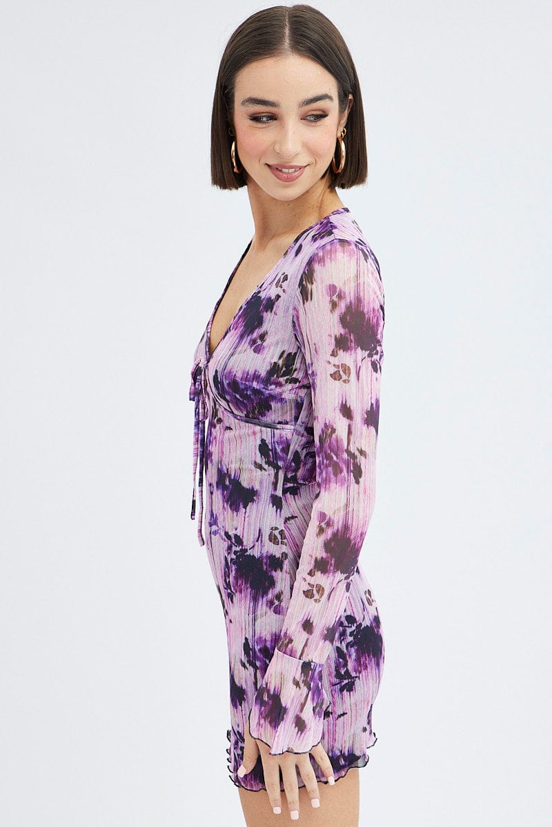 Purple Floral Mesh Dress Long Sleeve Mini for Ally Fashion