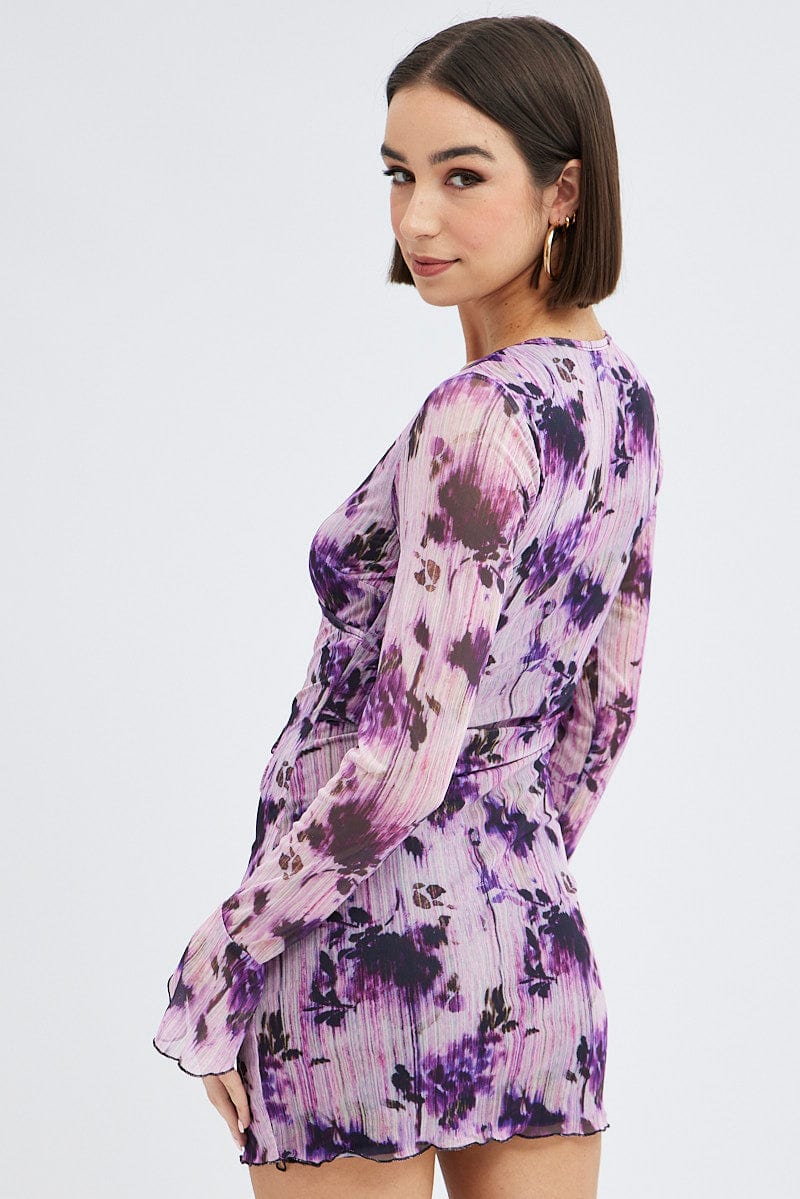 Purple Floral Mesh Dress Long Sleeve Mini for Ally Fashion