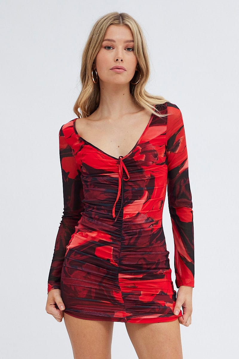 Red Abstract Mesh Mini Dress V Neck Long Sleeve Ruched for Ally Fashion