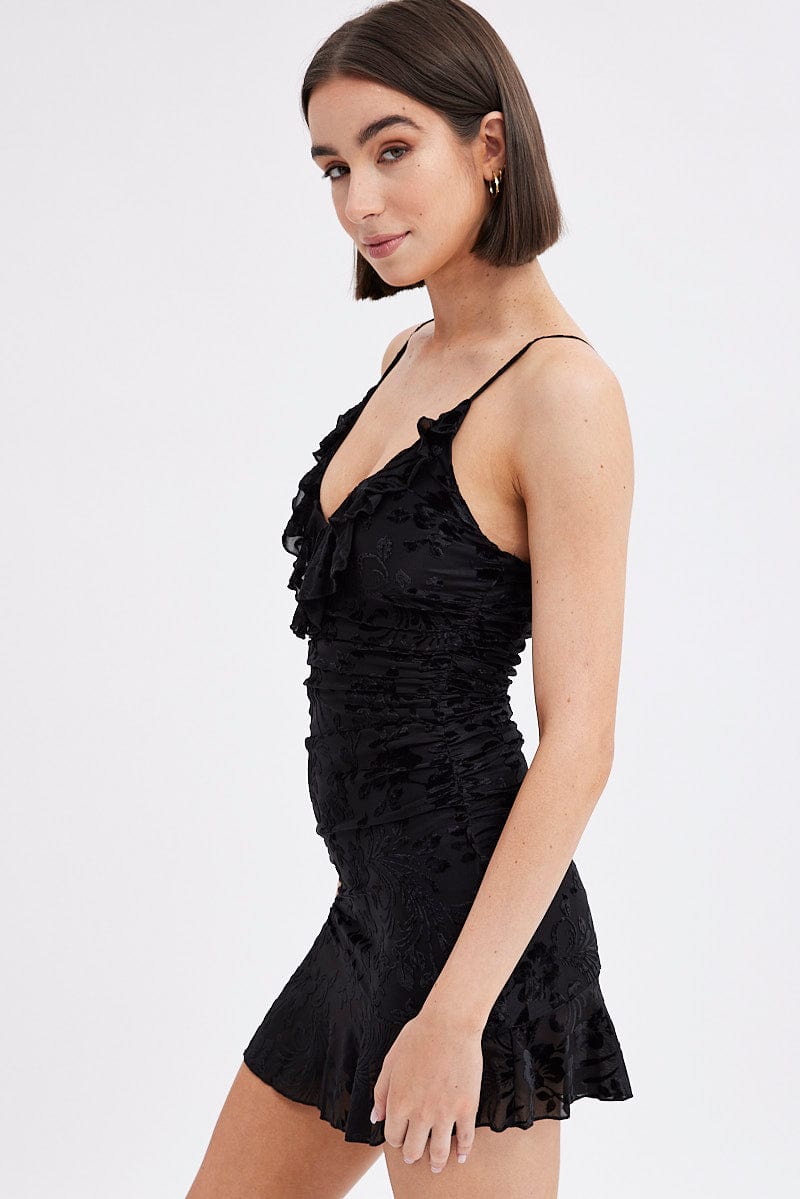 Black Mesh Mini Dress Ruffle Burnt Out for Ally Fashion