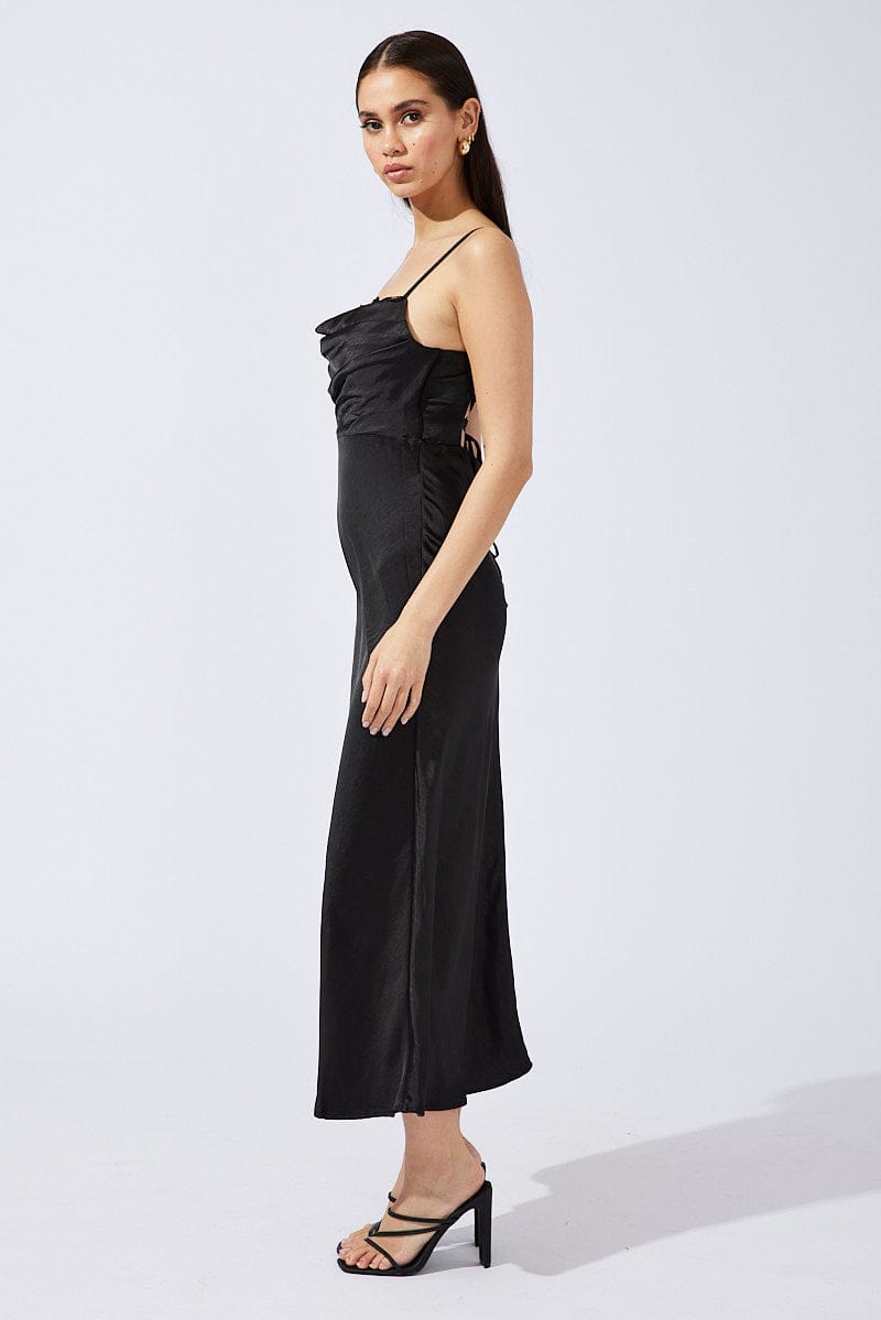 Black Midi Dress Sleeveless Cowl Neck Satin Slip Lace for Ally Fashion