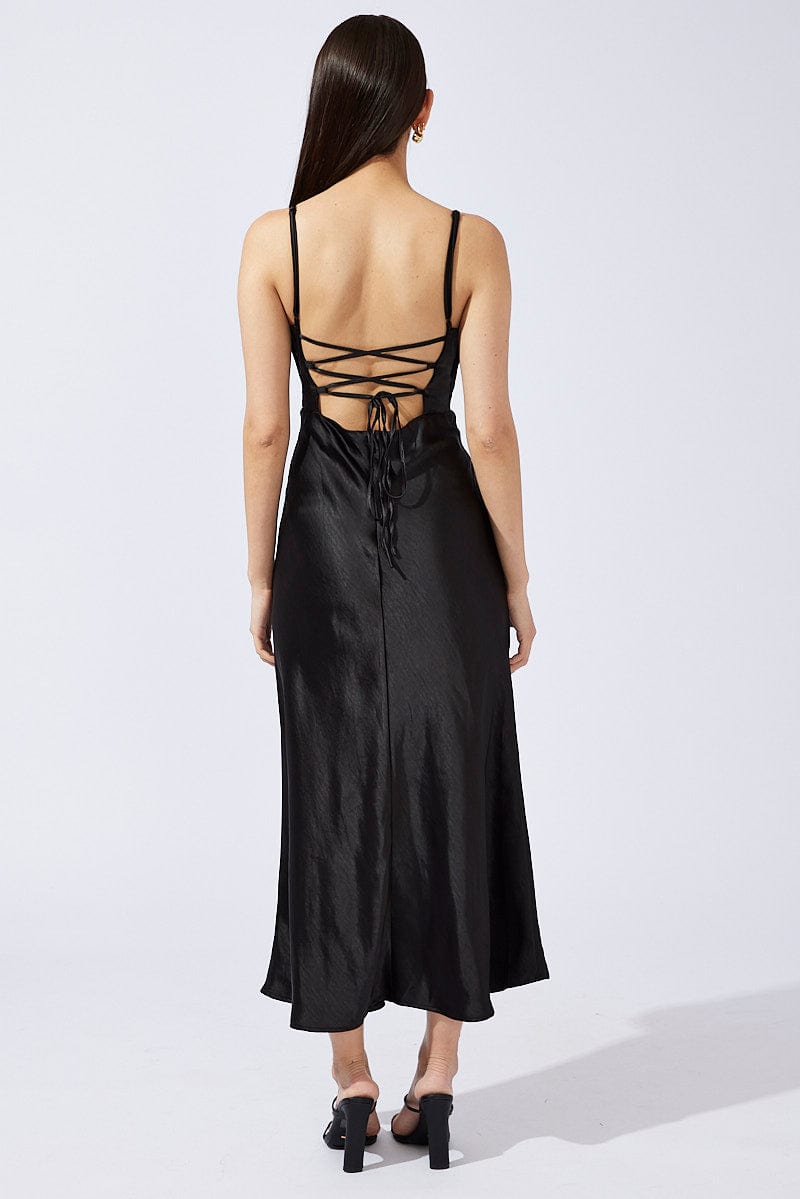 Black Midi Dress Sleeveless Cowl Neck Satin Slip Lace for Ally Fashion
