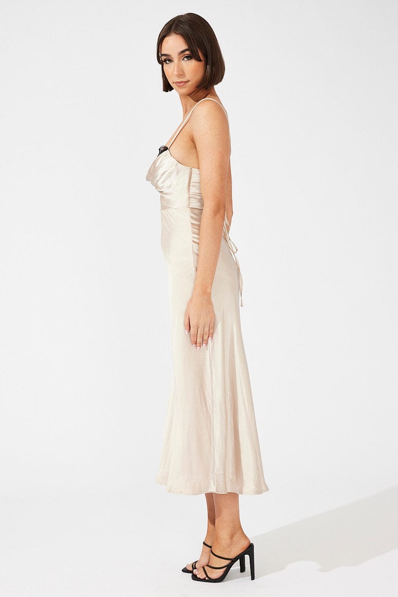 Beige Midi Dress Sleeveless Cowl Neck Satin Slip Lace for Ally Fashion