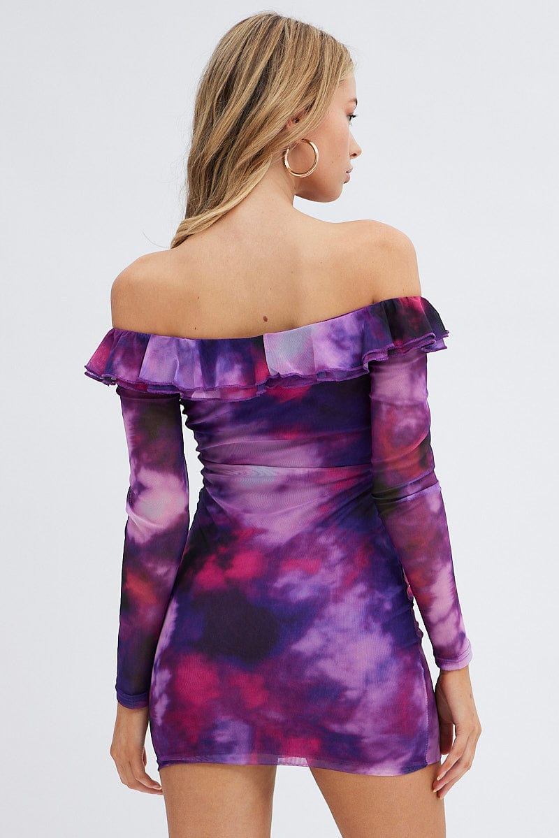 Purple Abstract Mini Dress Long Sleeve Off Shoulder Frill Mesh for Ally Fashion