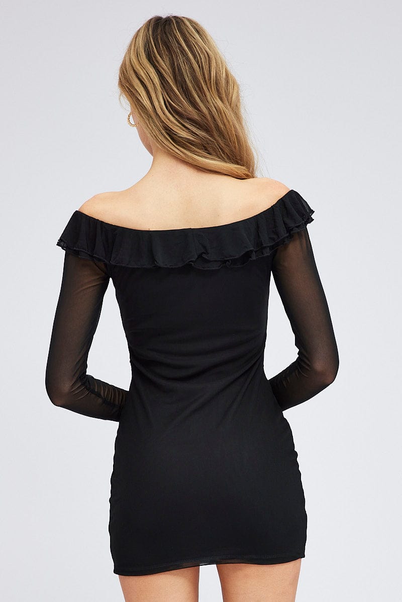 Black Mini Dress Long Sleeve Off Shoulder Frill Mesh for Ally Fashion