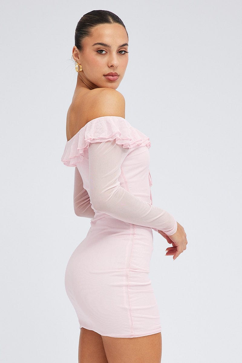 Pink Mini Dress Long Sleeve Off Shoulder Frill Mesh for Ally Fashion