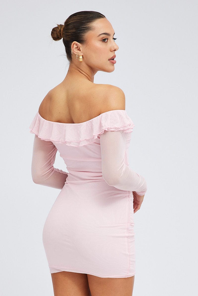 Pink Mini Dress Long Sleeve Off Shoulder Frill Mesh Pink Mini Dress Long Sleeve Off Shoulder Frill Mesh