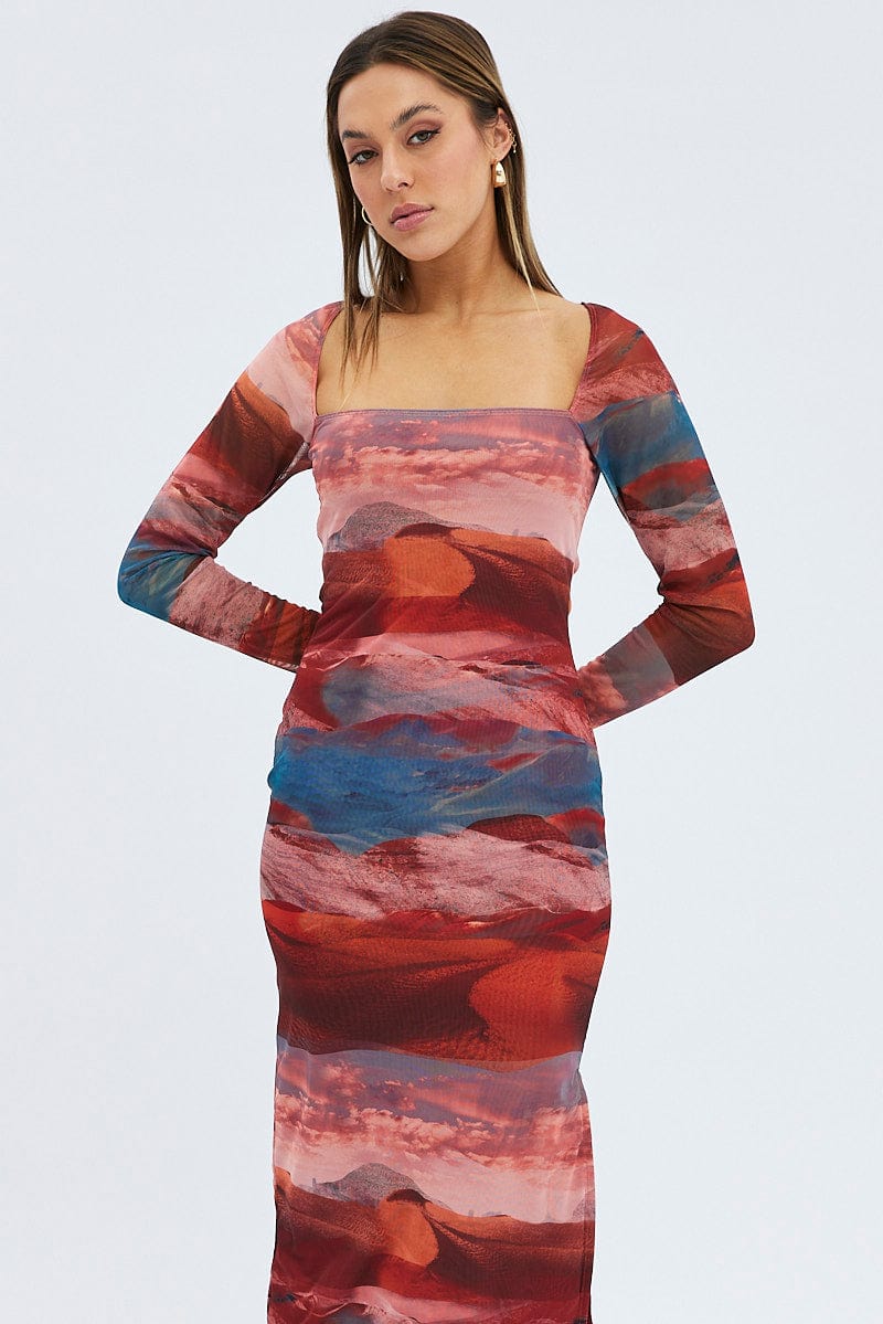 Multi Abstract Maxi Dress Long Sleeve Square Neck Mesh Bodycon | Ally Fashion Multi Abstract Maxi Dress Long Sleeve Square Neck Mesh Bodycon | Ally Fashion