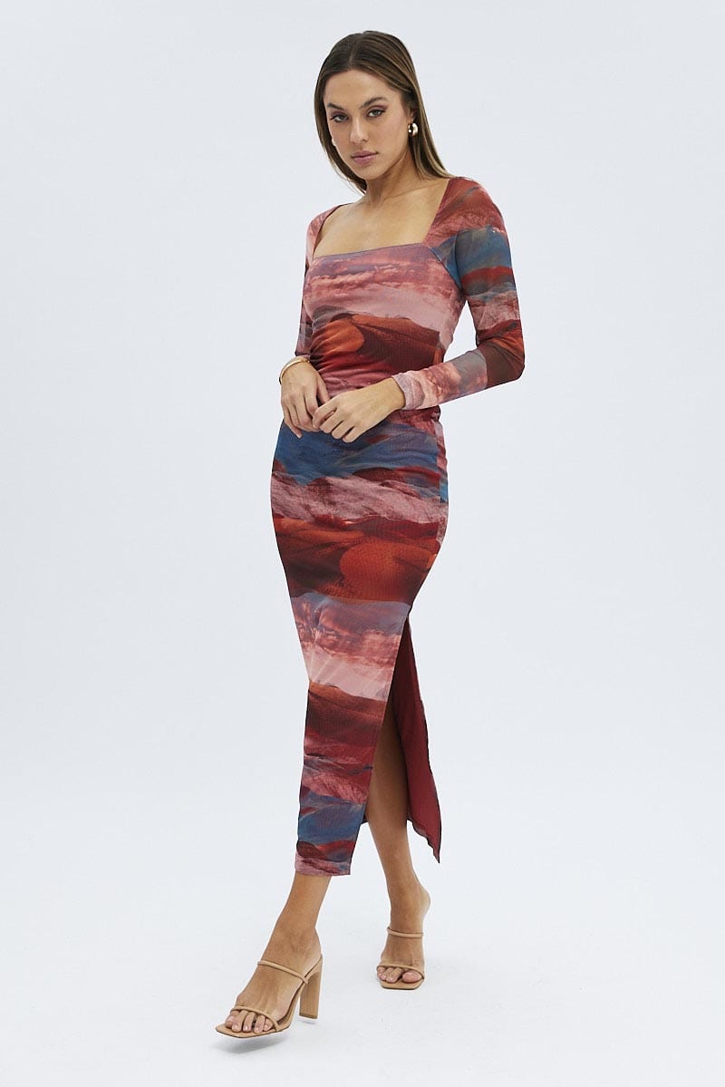 Multi Abstract Maxi Dress Long Sleeve Square Neck Mesh Bodycon | Ally Fashion Multi Abstract Maxi Dress Long Sleeve Square Neck Mesh Bodycon | Ally Fashion