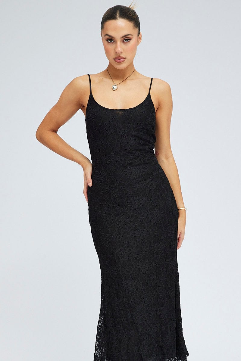 Black Maxi Dress Sleeveless Scoop Neck Flare Hem Lace for Ally Fashion