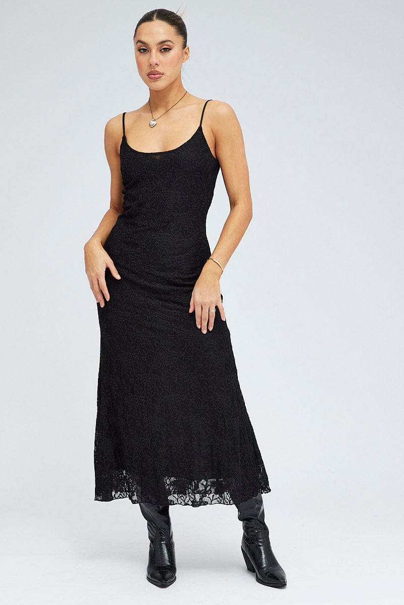 Black Maxi Dress Sleeveless Scoop Neck Flare Hem Lace for Ally Fashion