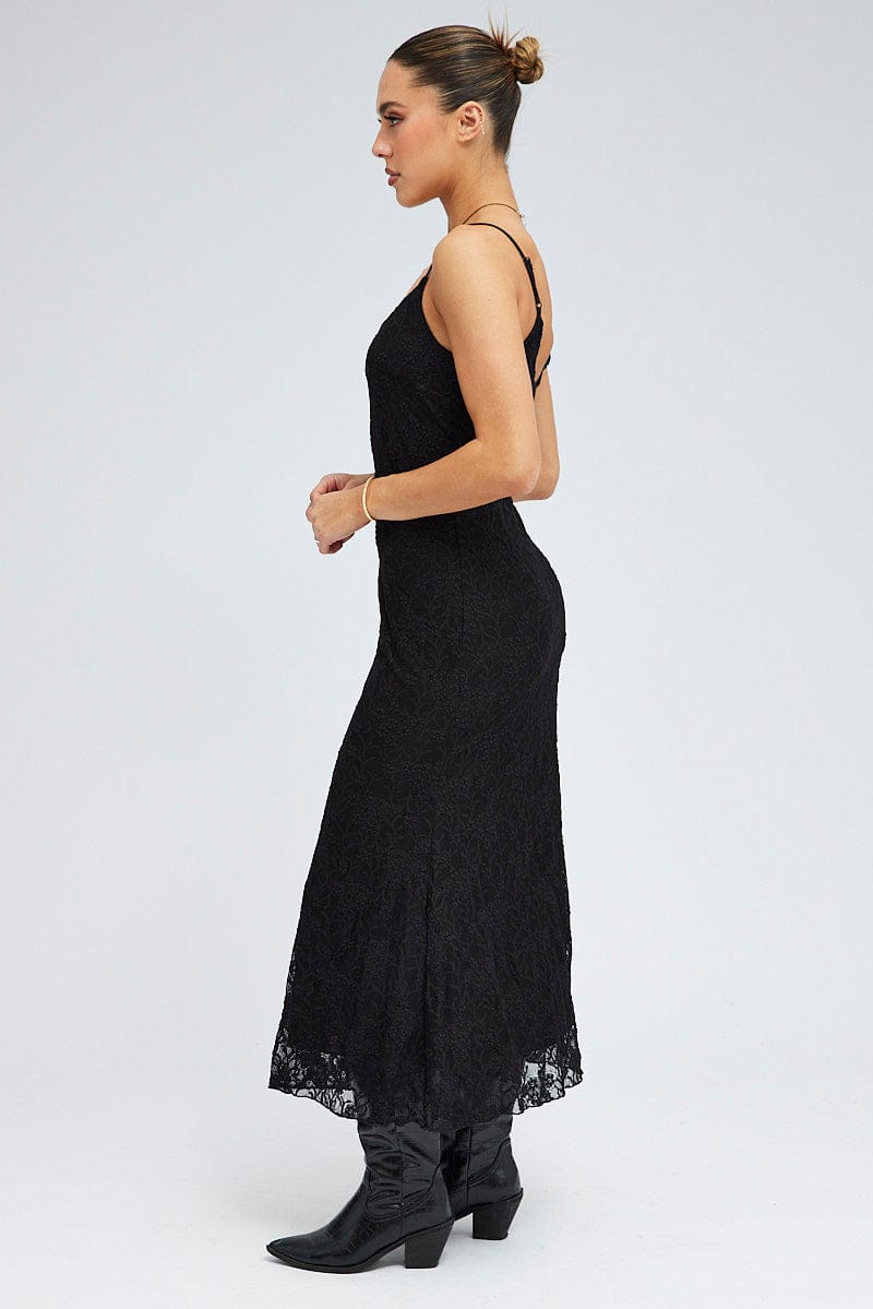 Black Maxi Dress Sleeveless Scoop Neck Flare Hem Lace for Ally Fashion