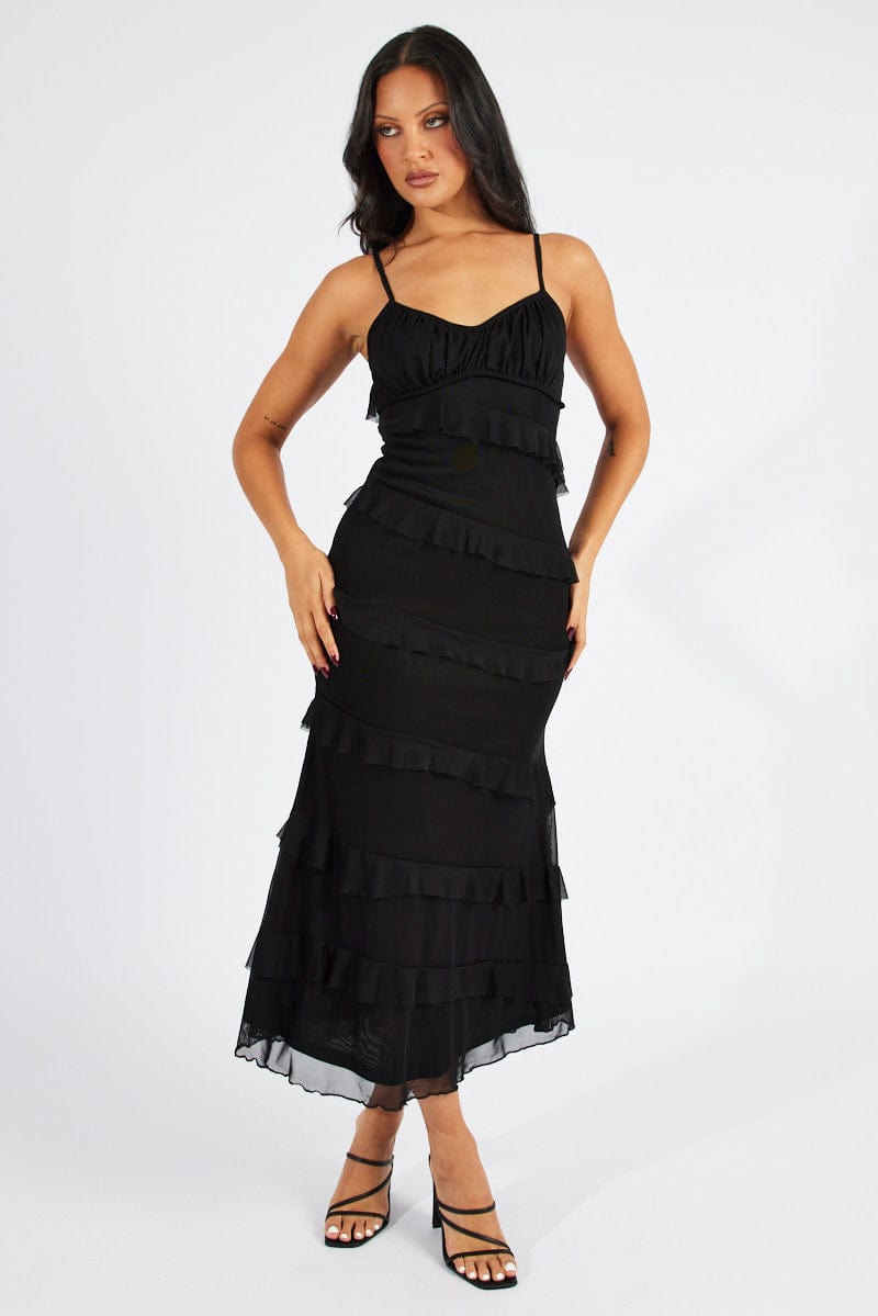 Black Maxi Dress Sleeveless Sweetheart Frill Mesh for Ally Fashion