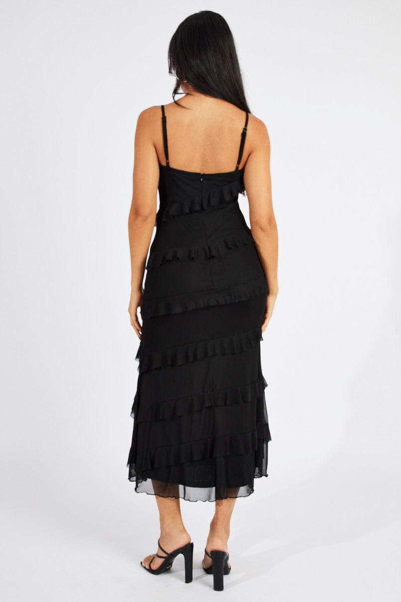 Black Maxi Dress Sleeveless Sweetheart Frill Mesh for Ally Fashion