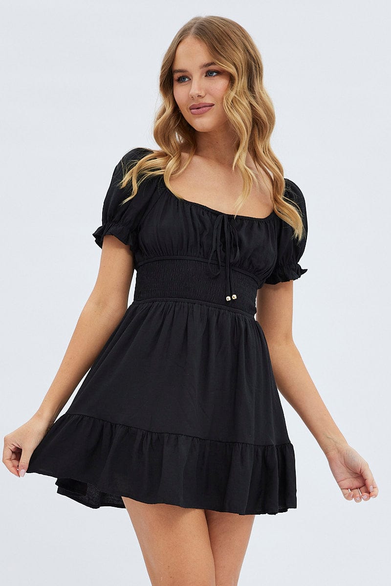 Black Fit And Flare Dress Short Sleeve Mini for Ally Fashion