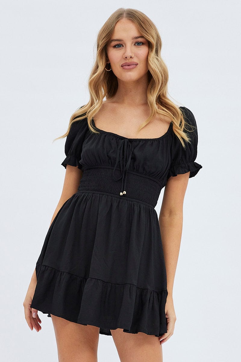 Black Fit And Flare Dress Short Sleeve Mini for Ally Fashion
