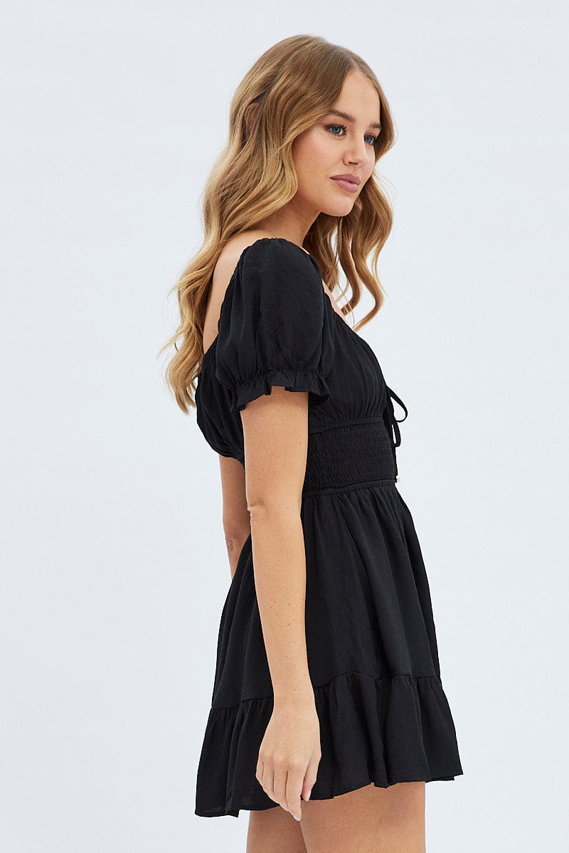 Black Fit And Flare Dress Short Sleeve Mini for Ally Fashion