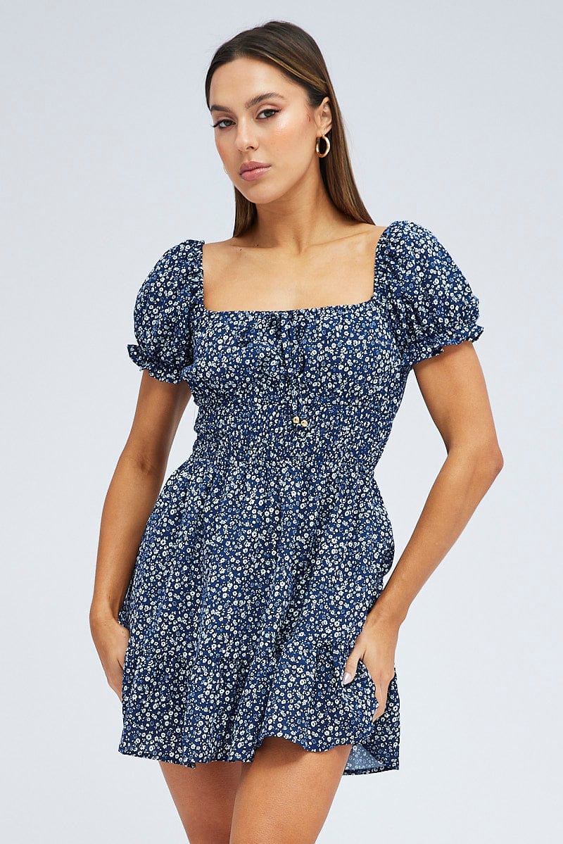 Blue Floral Fit And Flare Dress Puff Sleeve Mini for Ally Fashion