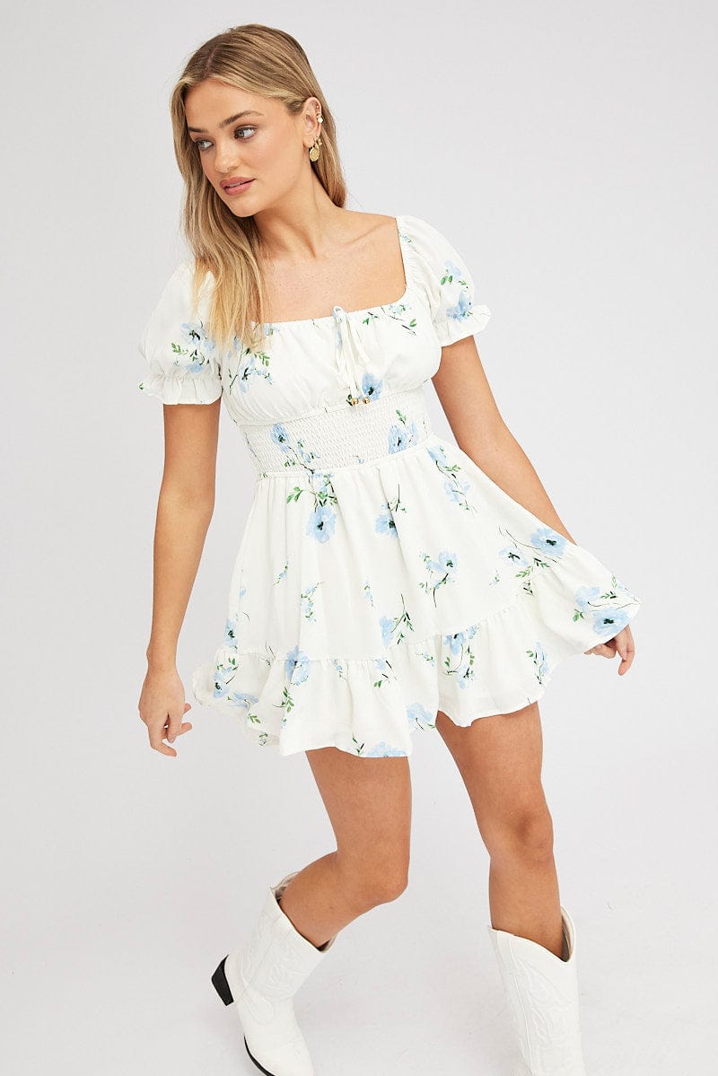 White Floral Fit And Flare Dress Puff Sleeve Mini for Ally Fashion