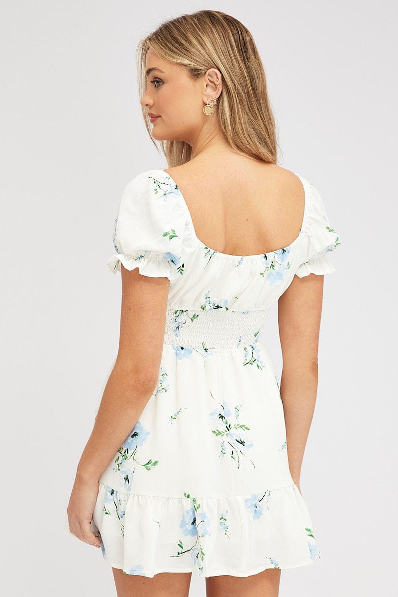White Floral Fit And Flare Dress Puff Sleeve Mini for Ally Fashion