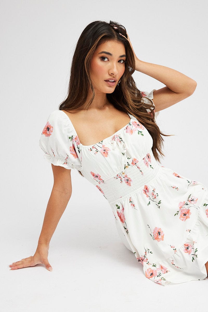 Pink Floral Fit And Flare Dress Puff Sleeve Mini for Ally Fashion
