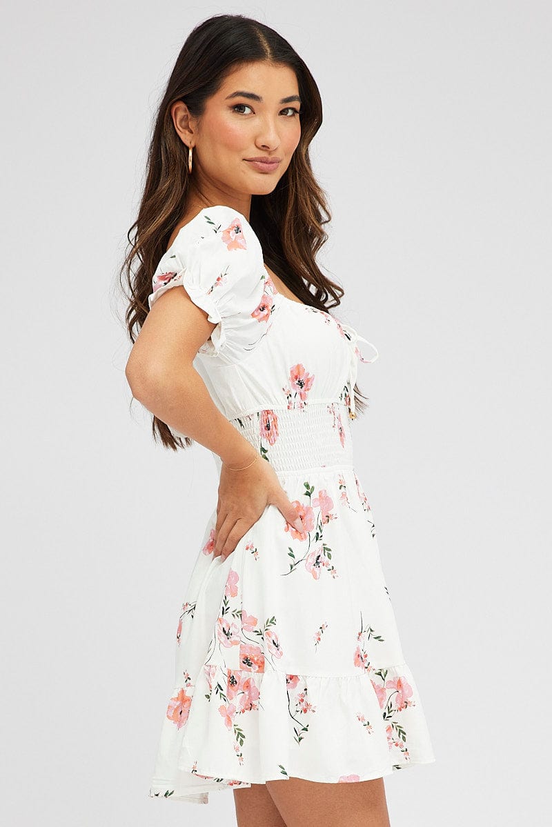 Pink Floral Fit And Flare Dress Puff Sleeve Mini for Ally Fashion
